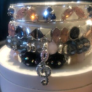 Chic Silver and Black Bracelet Set with Musical Charm